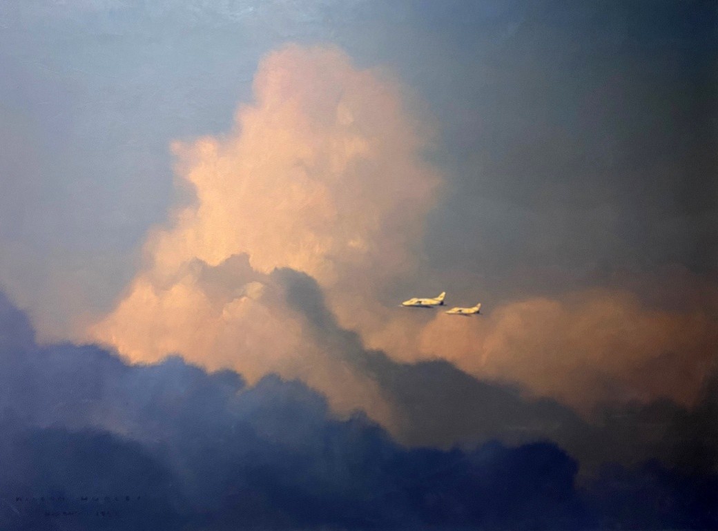 Oil painting of two military aircraft flying through dramatic storm clouds